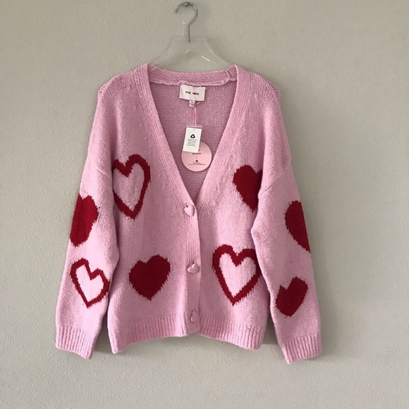 Pink & Red Hearts Printed Slouchy Stretchy Heart Buttoned Cardigan Size S - Picture 4 of 9